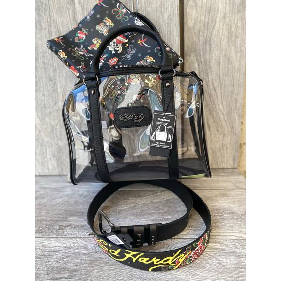 Ed Hardy Tattoo Belt & Clear Satchel Set | Rockabilly Style, Vegan, Size 42 - Picture 1 of 10